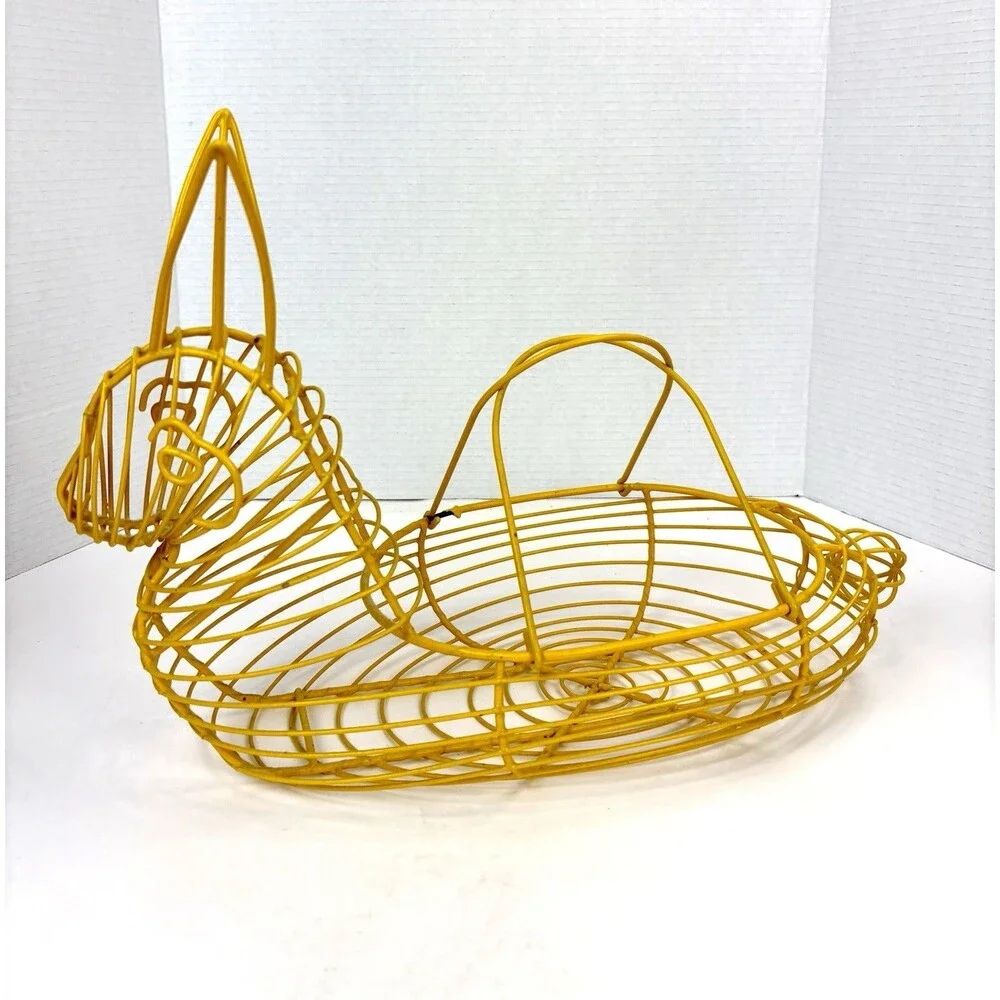Vintage Yellow Wire Bunny Rabbit Egg Basket Decor with Handle